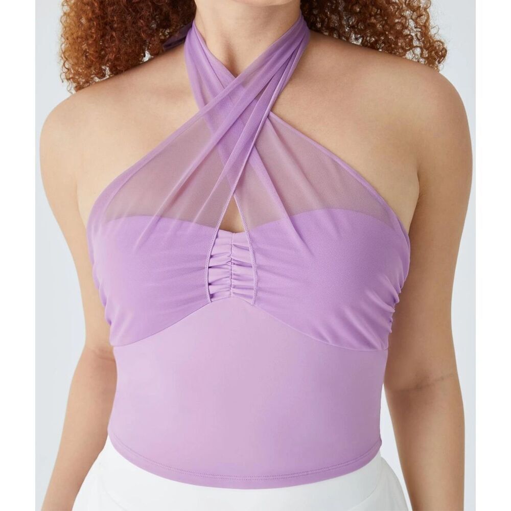 Halara Lavender Sheer Halter Crop Top Mesh Neck Tie Bustier Style Y2K Aesthetic